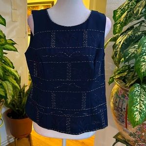 R & M Richards 3pcs navy blue beaded formal blouse/pants suit site 6/petite